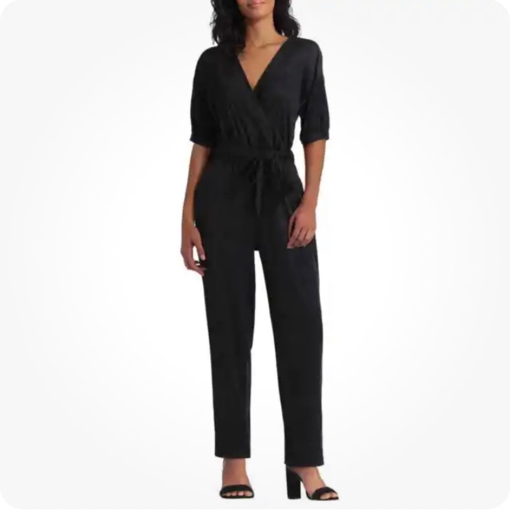 Halston Surplice-Neck Vegan Suede Jumpsuit Black Size Small